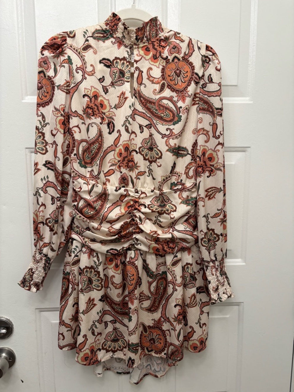 Heartloom Ivory Paisley Long Sleeve Mini Dress with Rust & Green Accents